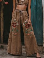 Încarcă imaginea în vizualizatorul Galerie, Pantaloni largi din amestec de in pentru femei, cu model vintage floral brodat
