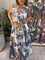 Încarcă imaginea în vizualizatorul Galerie, Rochie elegantă fără mâneci, cu imprimeu floral și nasturi
