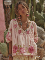 Încarcă imaginea în vizualizatorul Galerie, Tricou de in pentru femei cu broderie florală vintage
