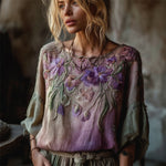 Încarcă imaginea în vizualizatorul Galerie, Tunică vintage din in, model floral, cu aspect de pădure și panseluțe
