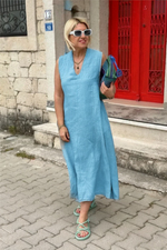 Încarcă imaginea în vizualizatorul Galerie, Rochie din bumbac și in, cu decolteu în V și buzunare duble la spate
