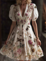 Încarcă imaginea în vizualizatorul Galerie, Rochie cu mâneci bufante în stil palat și decorațiune tridimensională cu fluturi
