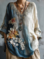 Încarcă imaginea în vizualizatorul Galerie, Tricou pentru femei cu decolteu în V, pictură în ulei vintage, artă florală
