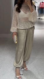 Încarcă imaginea în vizualizatorul Galerie, Costum casual pentru femei, cu guler rotund și pantaloni din satin
