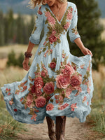 Încarcă imaginea în vizualizatorul Galerie, Rochie maxi confortabilă din amestec de in, cu imprimeu floral vintage cu trandafiri și decolteu în V, pentru femei
