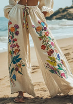 Încarcă imaginea în vizualizatorul Galerie, Pantaloni largi din amestec de in pentru femei, cu model vintage floral brodat
