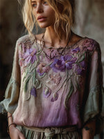 Încarcă imaginea în vizualizatorul Galerie, Tunică vintage din in, model floral, cu aspect de pădure și panseluțe
