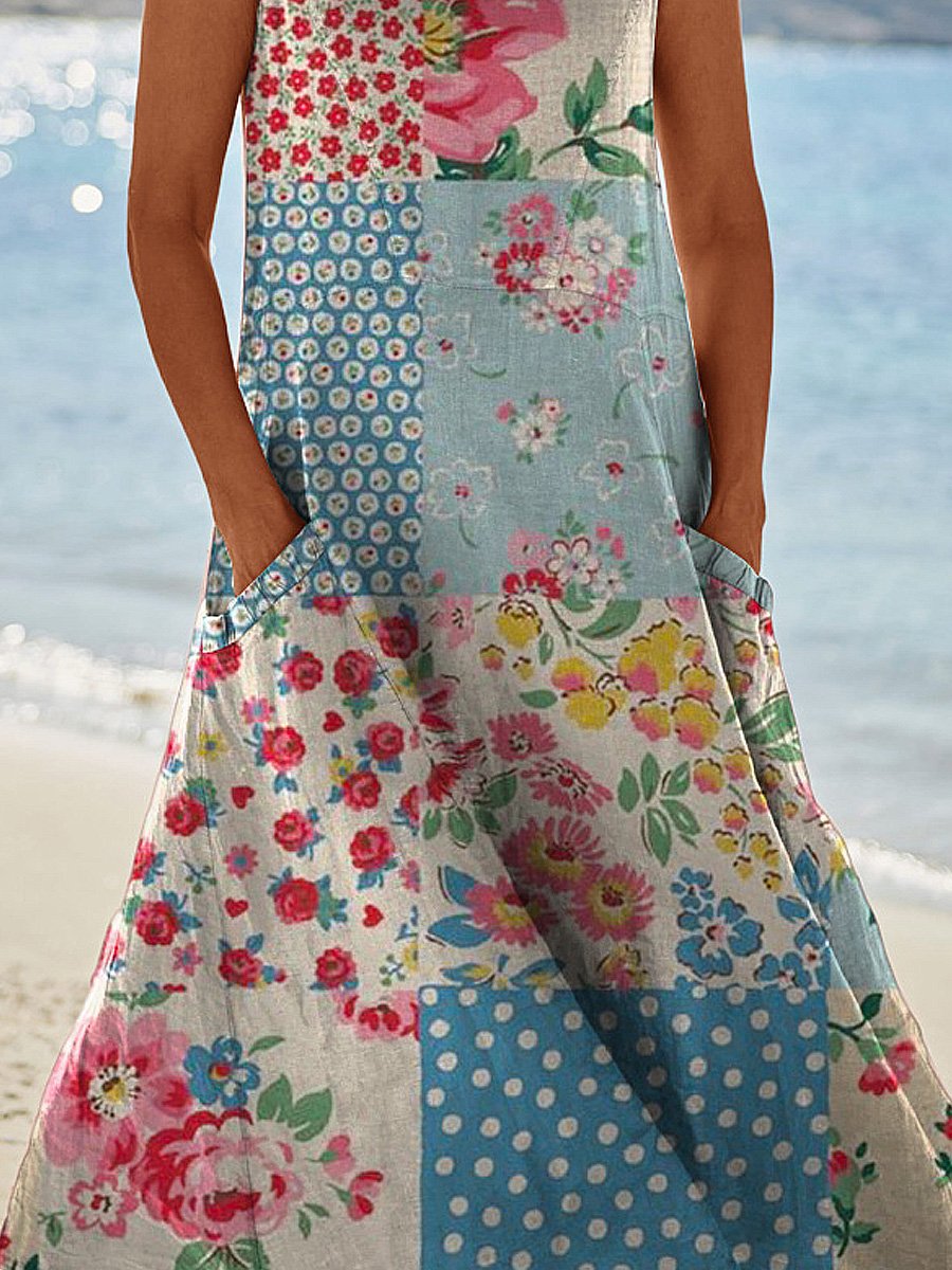 Rochie vintage elegantă din in cu imprimeu floral patchwork