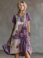Încarcă imaginea în vizualizatorul Galerie, Rochie vintage din in cu broderie tip patchwork, cu trandafiri vintage
