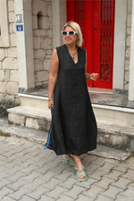 Încarcă imaginea în vizualizatorul Galerie, Rochie din bumbac și in, cu decolteu în V și buzunare duble la spate
