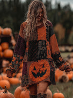 Încarcă imaginea în vizualizatorul Galerie, Rochie pulover tricotată cu model patchwork, cu fețe de dovleac de Halloween
