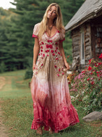 Încarcă imaginea în vizualizatorul Galerie, Rochie maxi cu mânecă scurtă și decolteu în V pentru femei, cu broderie boho cu trandafiri
