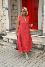 Încarcă imaginea în vizualizatorul Galerie, Rochie din bumbac și in, cu decolteu în V și buzunare duble la spate
