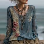 Încarcă imaginea în vizualizatorul Galerie, Women's Vintage Rose Floral Embroidery Linen Shirt

