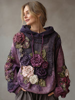 Încarcă imaginea în vizualizatorul Galerie, Hanorac cu glugă confortabil pentru femei, cu broderie violetă și trandafiri
