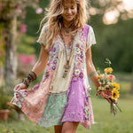Încarcă imaginea în vizualizatorul Galerie, Rochie scurtă pentru femei, cu imprimeu floral retro, din bumbac și in
