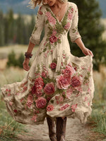 Încarcă imaginea în vizualizatorul Galerie, Rochie maxi confortabilă din amestec de in, cu imprimeu floral vintage cu trandafiri și decolteu în V, pentru femei
