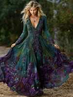 Încarcă imaginea în vizualizatorul Galerie, Women's Vintage Purple Rose Art Pattern Gradient Long Sleeve Dress
