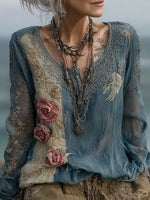 Încarcă imaginea în vizualizatorul Galerie, Women's Vintage Rose Floral Embroidery Linen Shirt
