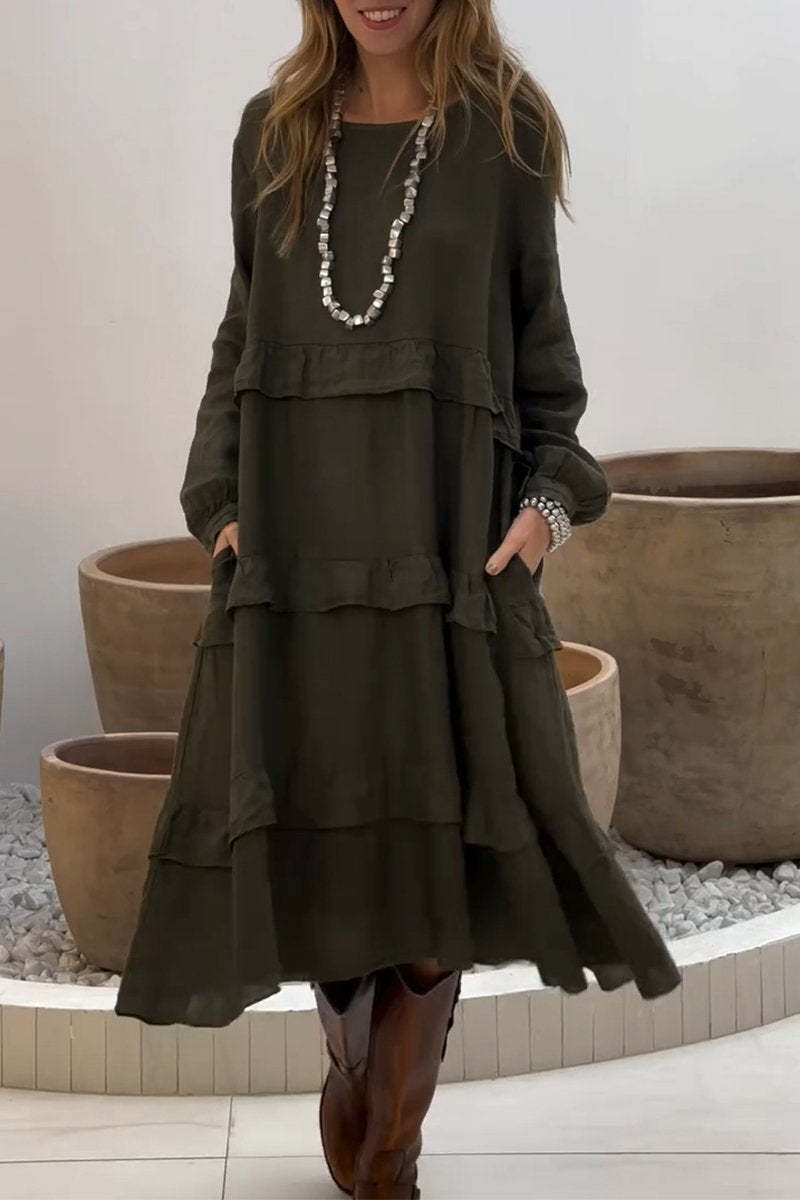 Rochie casual de dama din bumbac si in, cu gat rotund si culoare uni