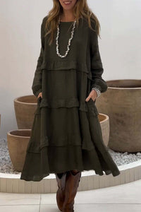 Rochie casual de dama din bumbac si in, cu gat rotund si culoare uni