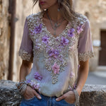Încarcă imaginea în vizualizatorul Galerie, Cămașă vintage din in cu decolteu în V și broderie cu flori violet
