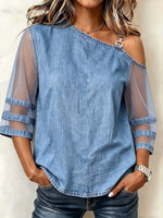 Încarcă imaginea în vizualizatorul Galerie, Bluză de damă cu umăr gol, mâneci 3/4, casual, lejeră, din denim
