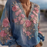Încarcă imaginea în vizualizatorul Galerie, Top din denim cu broderie cu trandafir roz
