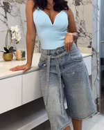 Încarcă imaginea în vizualizatorul Galerie, Pantaloni decorativi drepți din denim, crop
