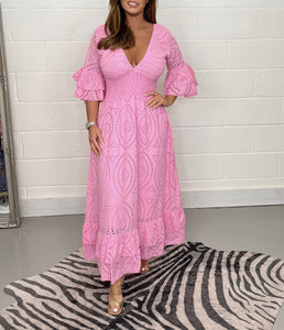 Rochie midi cu broderie englezească și mâneci strânse