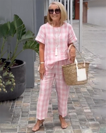 Încarcă imaginea în vizualizatorul Galerie, Top în carouri + pantaloni Costum două piese (bumbac și in)
