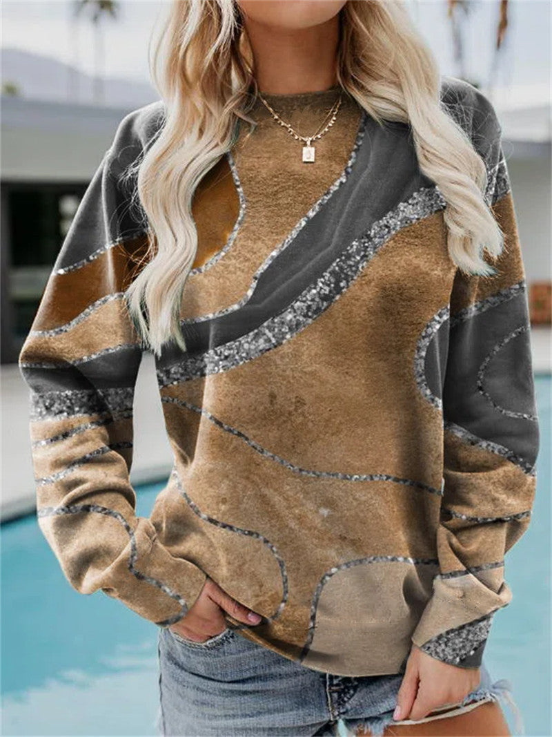 Pulover casual cu gat rotund si maneci lungi cu imprimeu