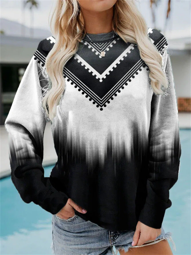 Pulover casual cu gat rotund si maneci lungi cu imprimeu