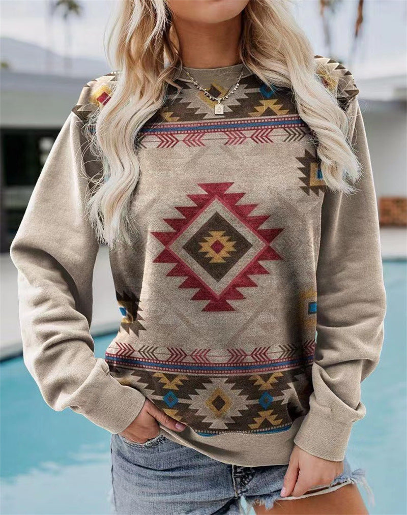 Pulover casual cu gat rotund si maneci lungi cu imprimeu
