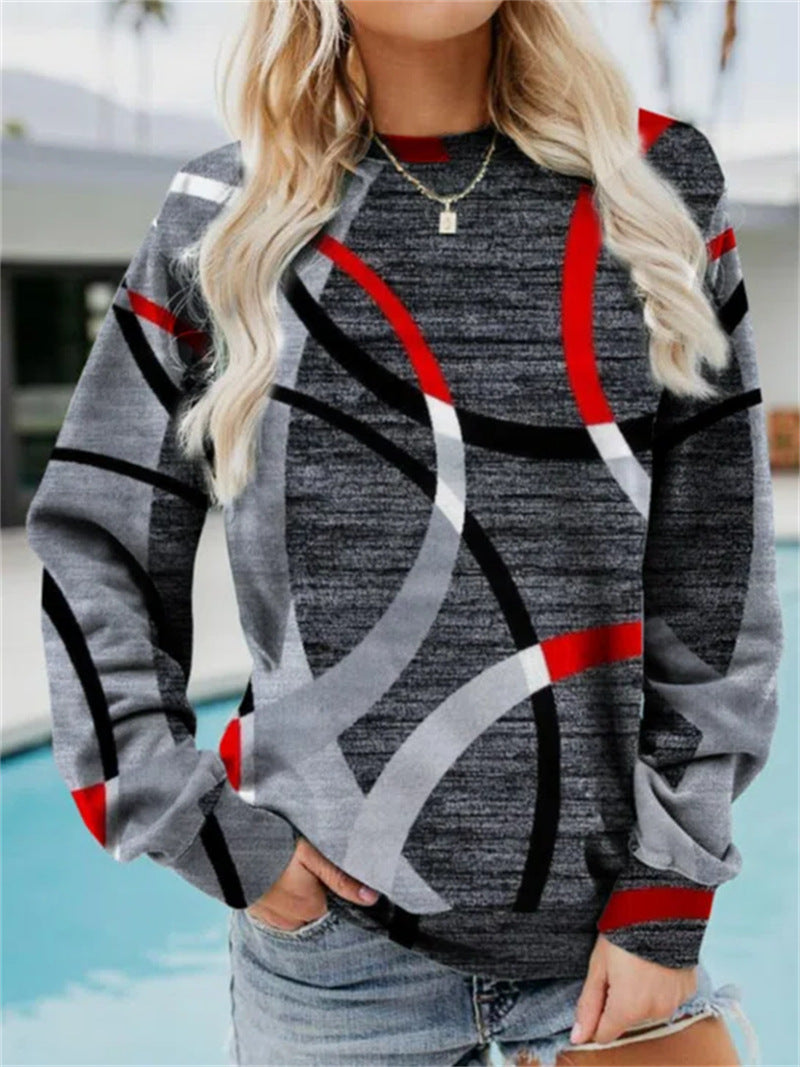 Pulover casual cu gat rotund si maneci lungi cu imprimeu